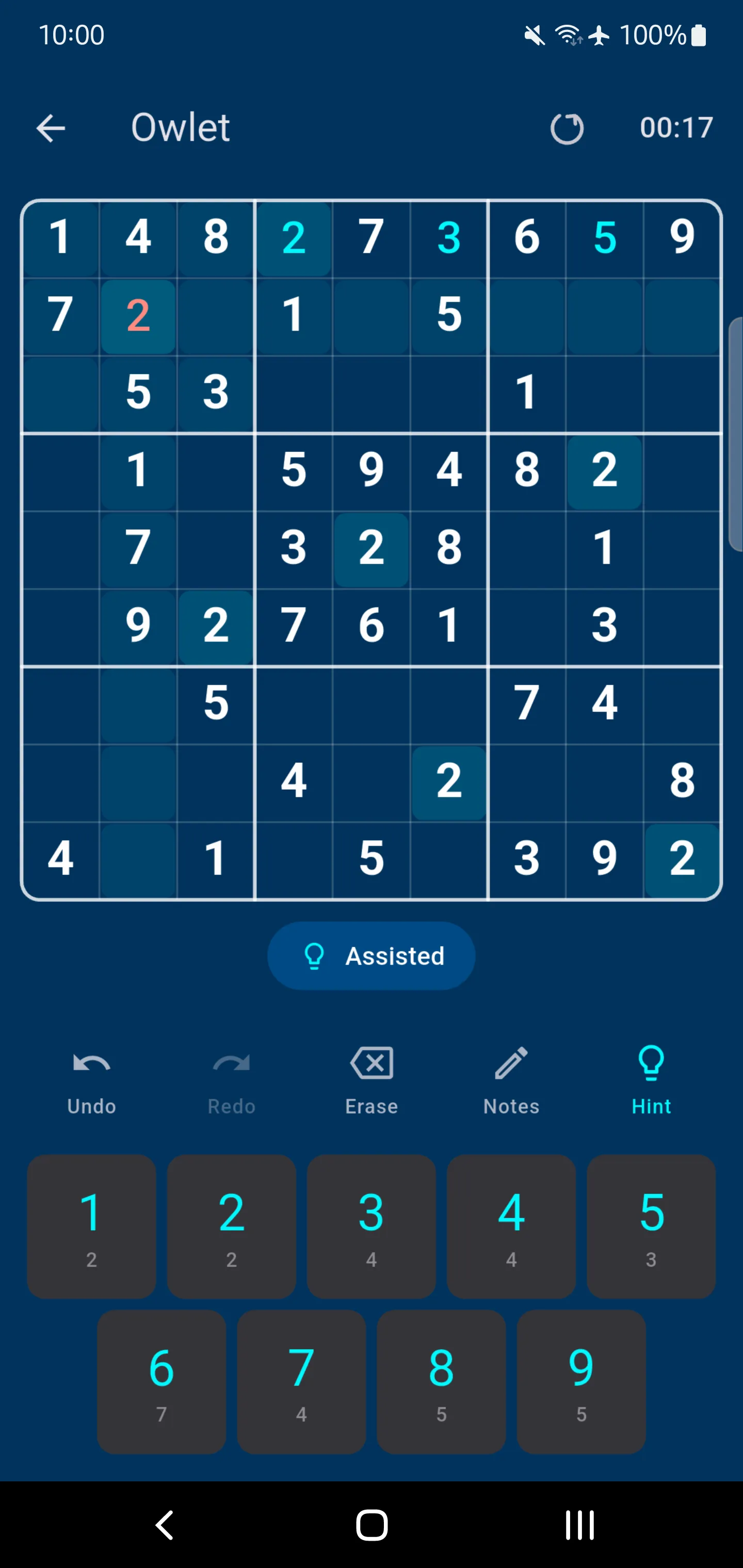 Fukurou Sudoku — Assisted: wrong digits in red