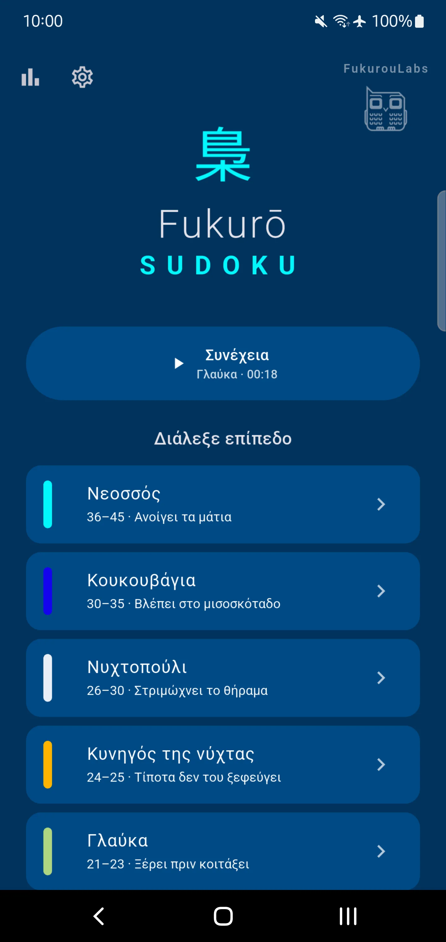 Fukurou Sudoku — Επιλογή επιπέδου
