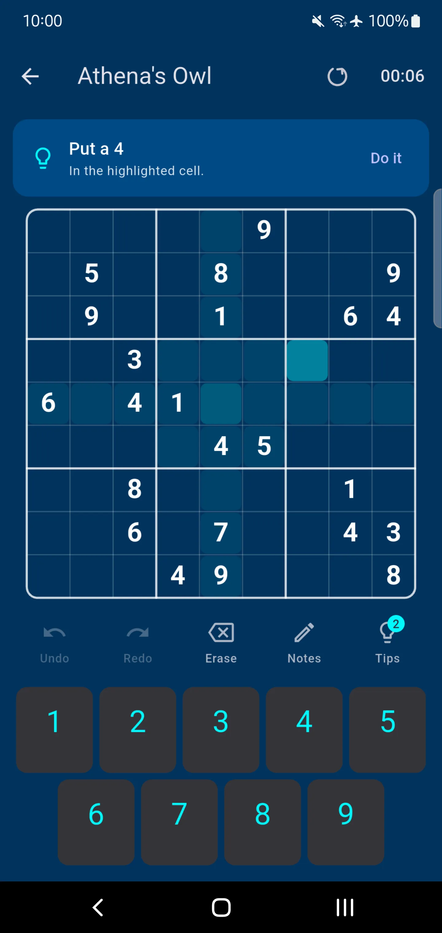 Fukurou Sudoku — A tip lights one cell